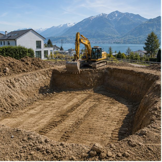 Aushubarbeiten auf einer Schweizer Baustelle