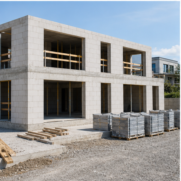 Mauerwerk und Beton im Rohbau mit Fensteröffnungen